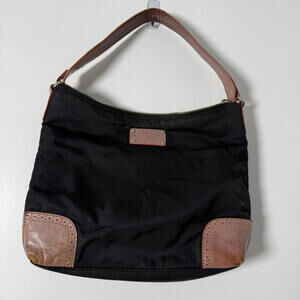 Vintage KATE SPADE black nylon shoulder bag with tan leather trim. Luxury Y2K